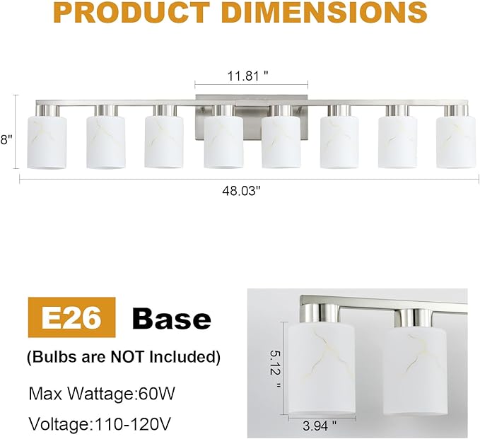8-Light Bathroom Light Fixtures, Modern Vanity Lights, Brushed Nickel Metal - Image 2