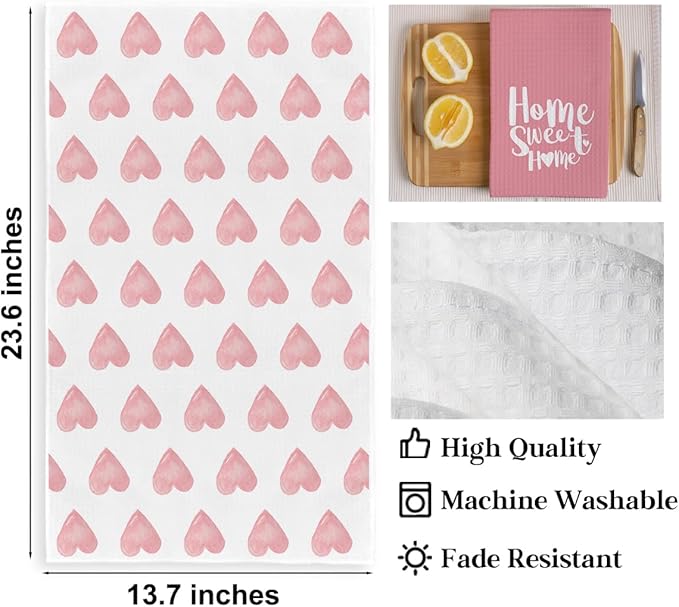 2PCS Pink Heart Love Home Sweet Home Valentine's Kitchen Towels, Valentines Day - Image 2
