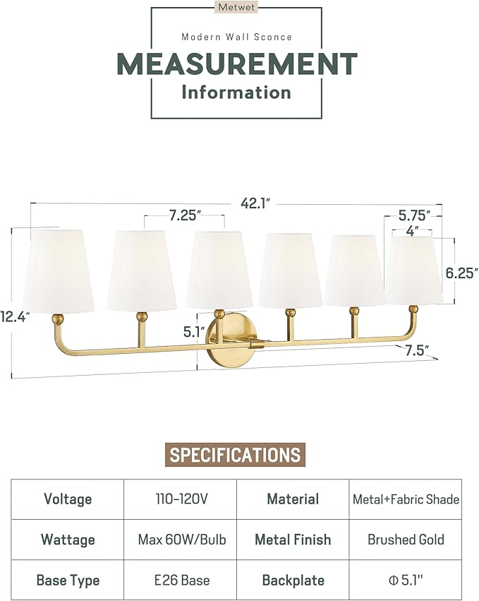 Bathroom Light Fixtures, 42 Inch Brushed Gold Vanity Lights - Image 3