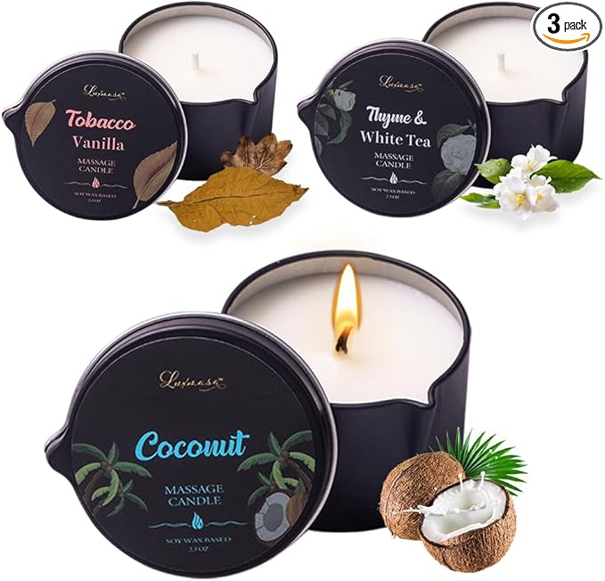 Massage Oil Candle 3 Pack, Coconut Oil Based-Daily Moisturizing Body Oil by LUXMASA