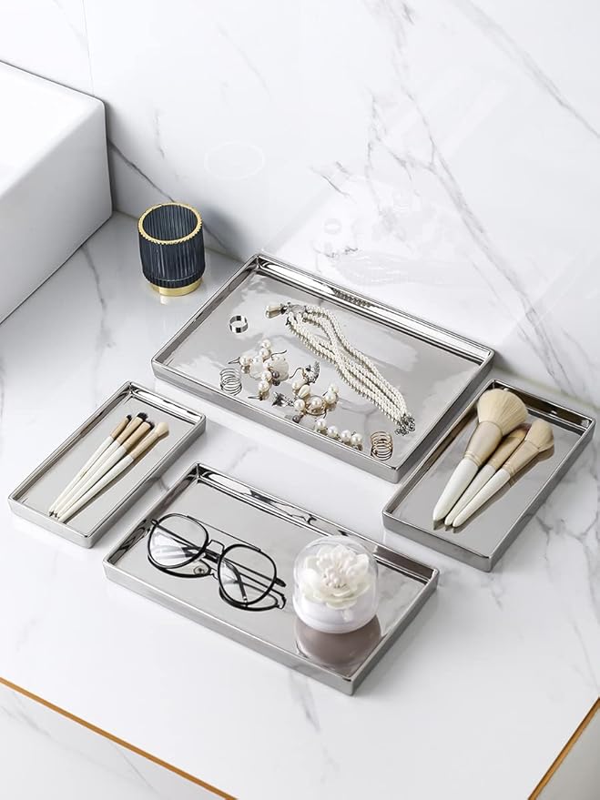 Ceramic Trinket Tray Rectangte Vanity Jewelry Organizer Makeup Mirror Tray - Image 2
