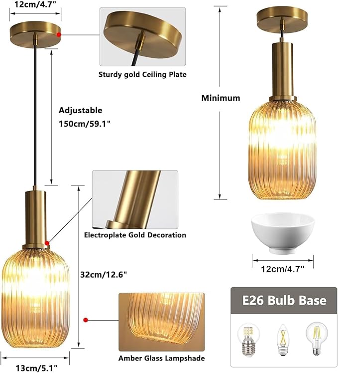 KCO Lighting 1-Light Amber Glass Ceiling Light Fixture Vintage Striped Glass - Image 2