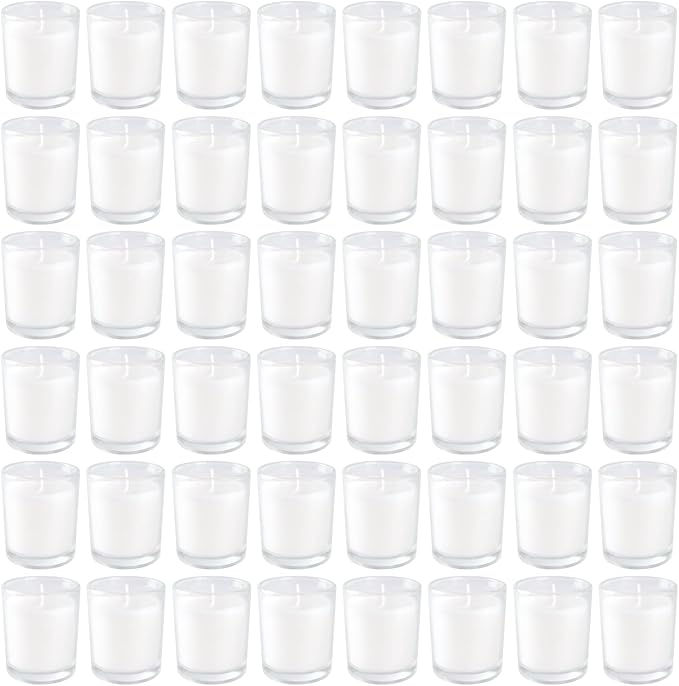 YOROXRG 48 Pack White Unscented Clear Glass Filled Votive Candles. Hand Poured - Image 9