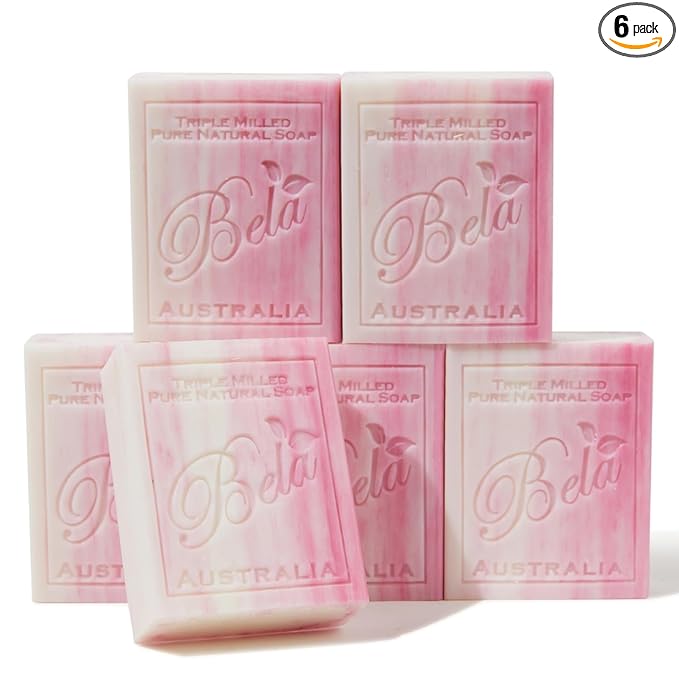 BELA Pomegranate Soap 3.3 OZ Pack of 6, Long Lasting French Triple Milled Bar by BELAPURENATURALSOAPSANDODORELIMINATINGHOMEFRAGRANCES
