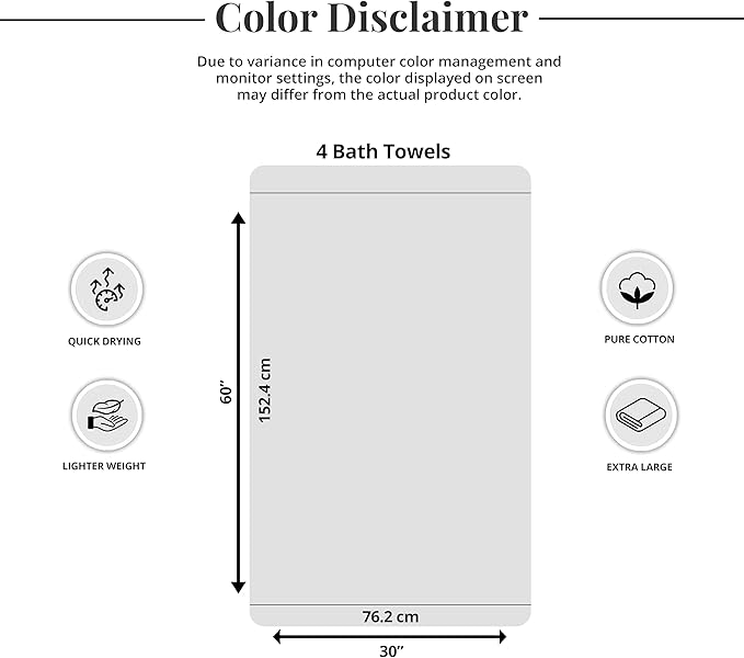 Tens Towels Pack of 4 Extra Large Bath Towels 30 x 60 Inches, 100% Cotton - Image 7