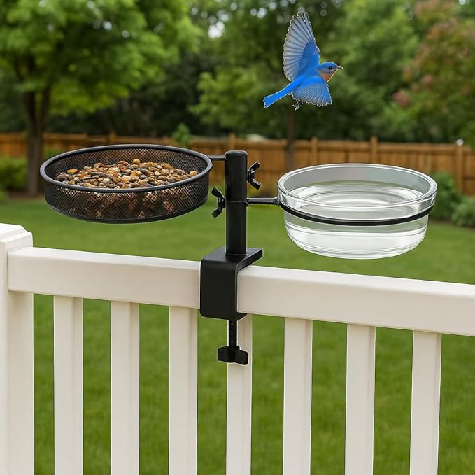 Deck Bird Feeder and Bath with Metal Mesh Tray and Water Bowl – Deck Railing - Image 3