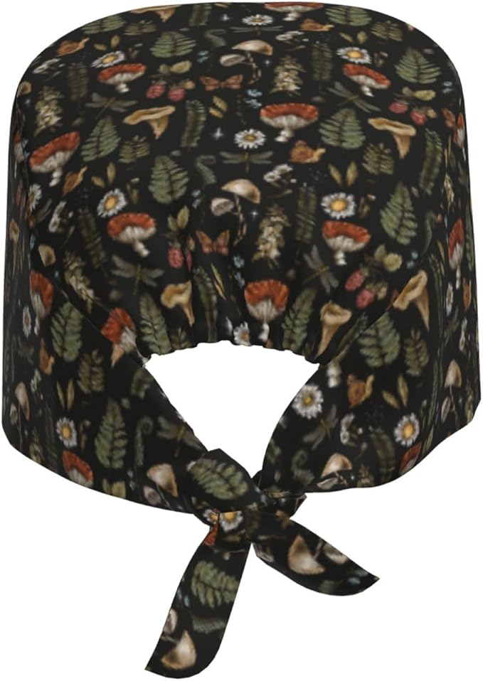 Scrub Cap for Women and Men Boho Black Leaf Pattern Adjustable Breathable - Image 8