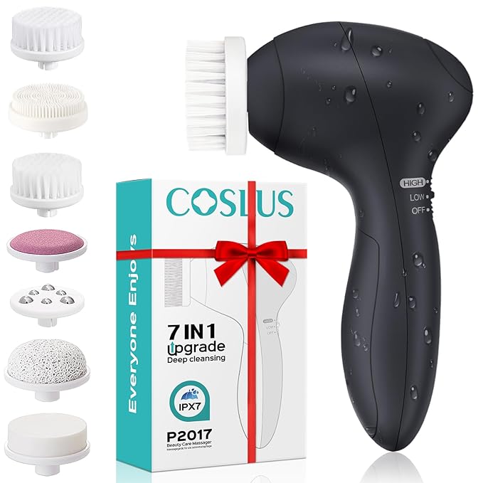 COSLUS Facial Cleansing Brush Silicone Face Scrubber: 7 in 1 FBS-D Electric by COSLUS