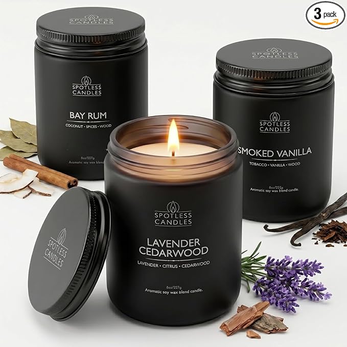 Mens Candle 3 x 8oz Pack Smoked Vanilla Bay Rum and Lavender Cedarwood Scents by SpotlessLeopard