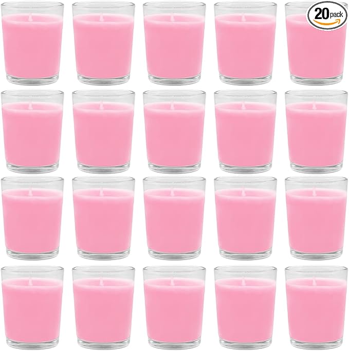 Set of 20 Pink Votive Candles Clear Glass Filled Unscented Soy Wax Candle by BERYSCEN