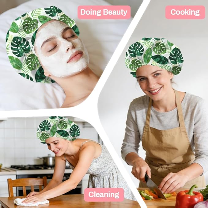 Tropical Leaves Reusable Shower Cap Green Monstera Double Layer Waterproof - Image 7