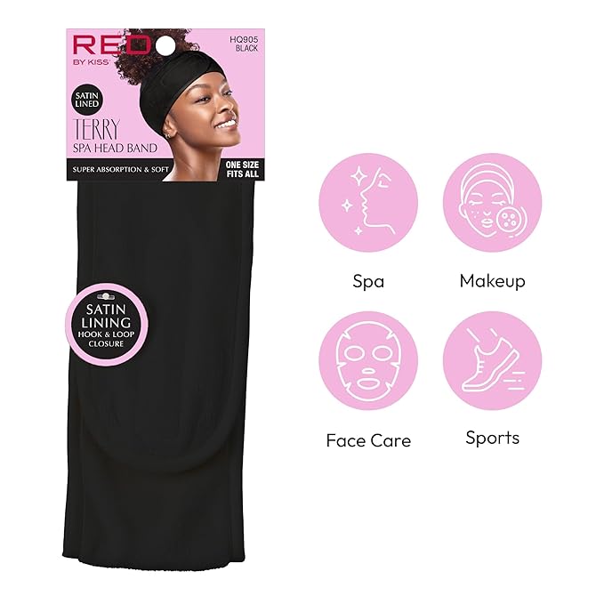 Red by Kiss Spa Headband for Washing Face, Adjustable Velcro Wrap Facial Makeup - Image 2