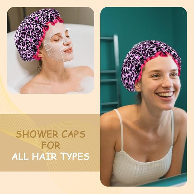 Womens Pink Leopard Print Shower Caps - Image 3