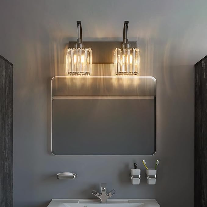 Crystal Vanity Lights 2-Light Black Wall Lamp Modern Crystal Bathroom Light - Image 6