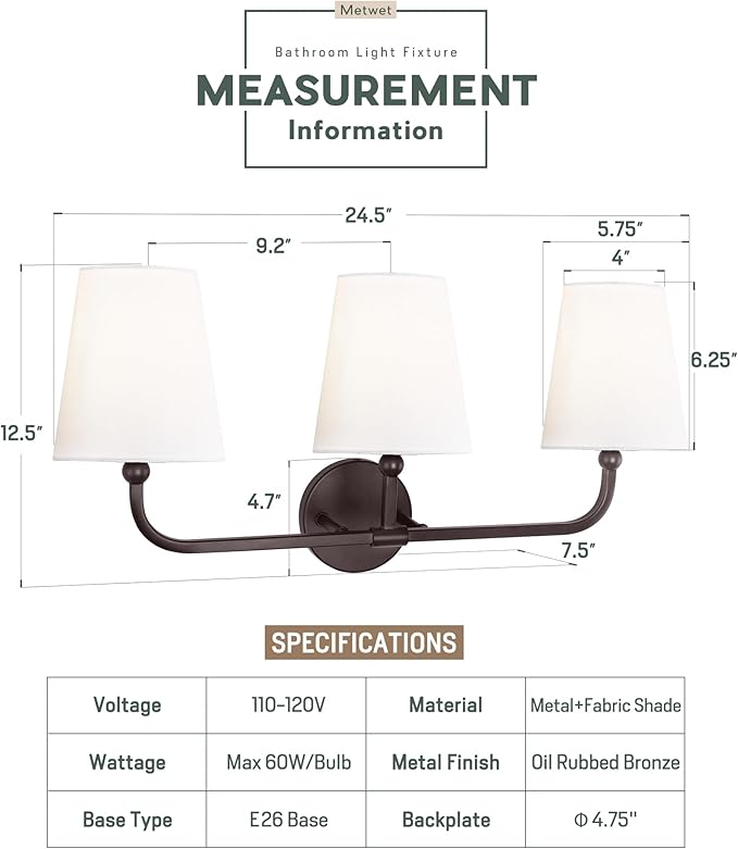 Bathroom Light Fixtures, 3-Light Oil Rubbed Bronze Vanity Lights - Image 2
