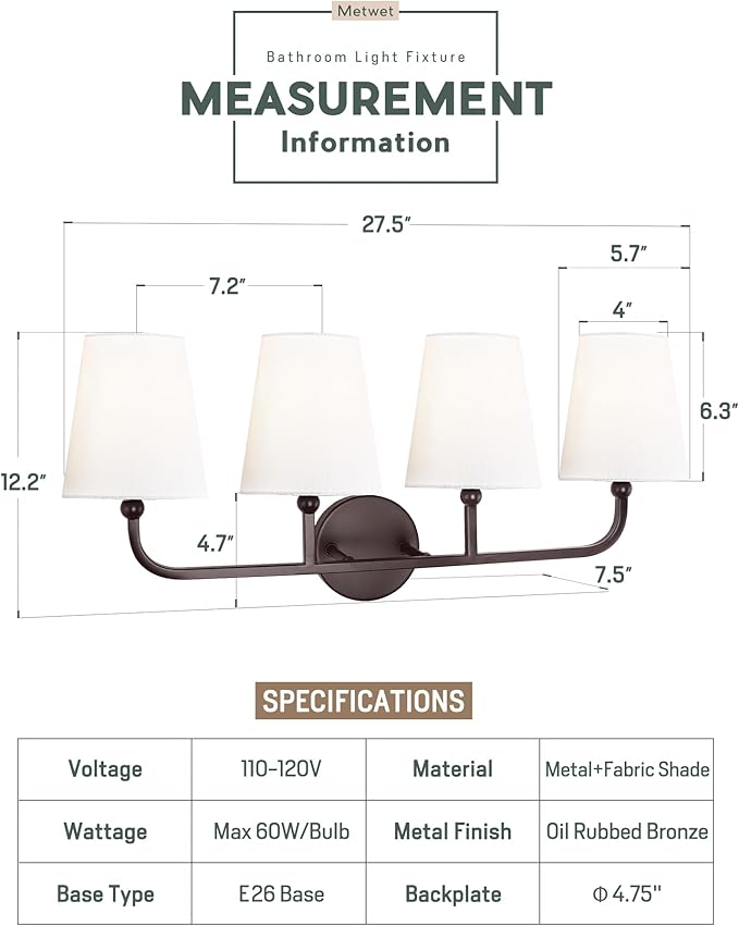 Bathroom Light Fixtures, 4 Light Oil Rubbed Bronze Vanity Lights - Image 2