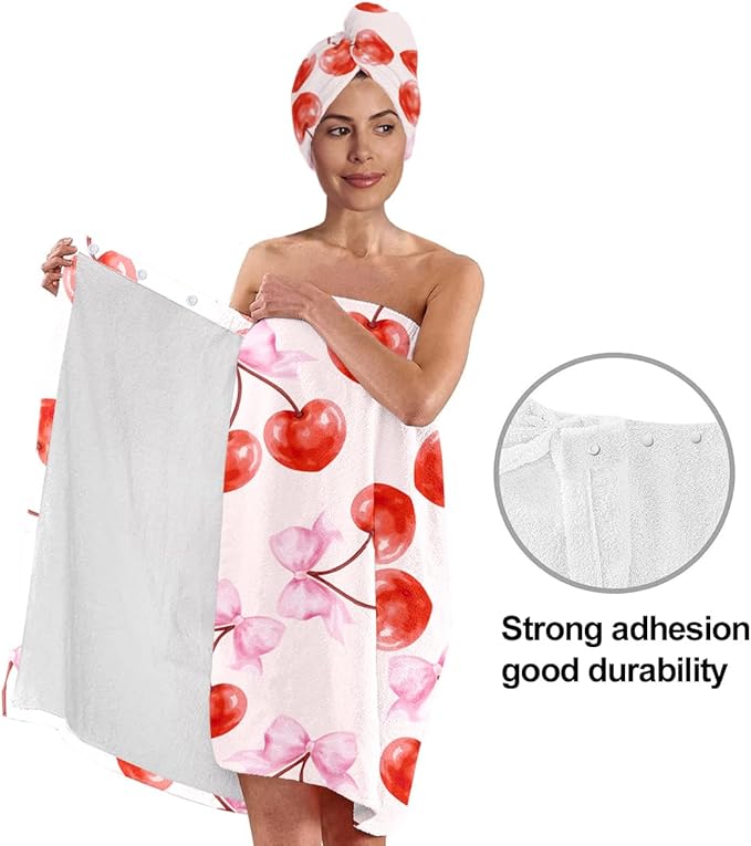 Women's Cherry Bow Towel Wrap and Hair Drying Cap Set – Pink Microfiber Shower - Image 4