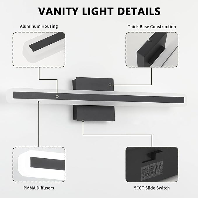 JUSHENG Black Vanity Lights for Bathroom, 24 Inch 20W 5CCT Dimmable Bathroom - Image 5