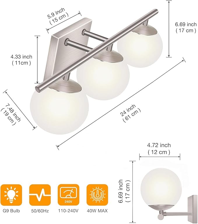 New Bathroom Vanity Light Fixtures 3 Lights Brushed Nickel Glass Shade Modern - Image 3