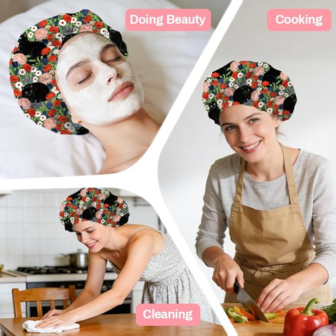 Black Cat Reusable Shower Cap Flower Double Layer Waterproof Shower Caps Large - Image 7