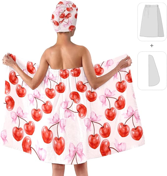 Women's Cherry Bow Towel Wrap and Hair Drying Cap Set – Pink Microfiber Shower - Image 2
