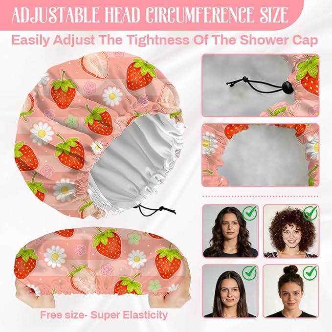 Strawberries Reusable Shower Cap Cute Fruit Double Layer Waterproof Shower Caps - Image 2