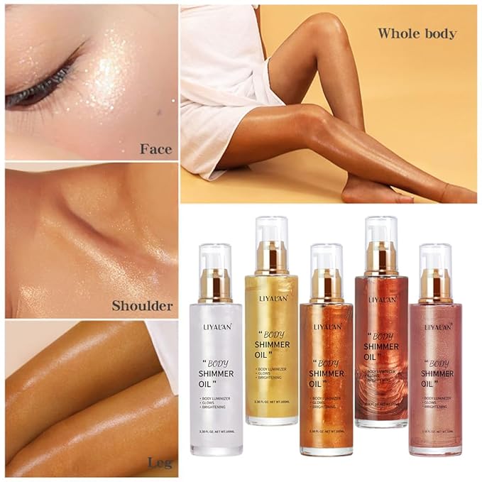 Liyalan Shimmer Body Oil 5 Color Gold 3.38 Fl Oz Face Glow Pearl Highlighter - Image 5
