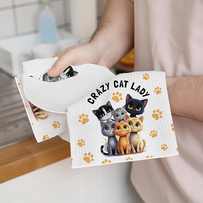 2PCS Cute Cat Kitchen Towels, Cat Themed Gifts Reusable Absorbent Waffle Weave - Image 3