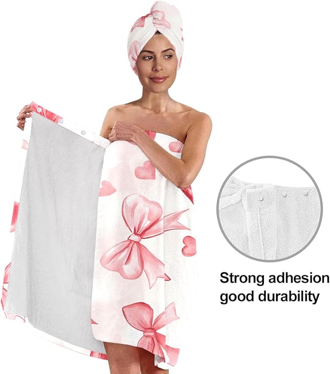 Valentine Heart Bow Bath Wrap and Hair Drying Turban Set – Soft Microfiber - Image 4