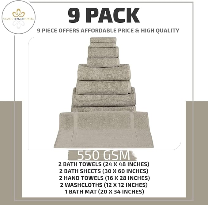 Classic Turkish Towels CTT Set of 9-100% Turkish Cotton, Absorbent & Comfy - Image 2