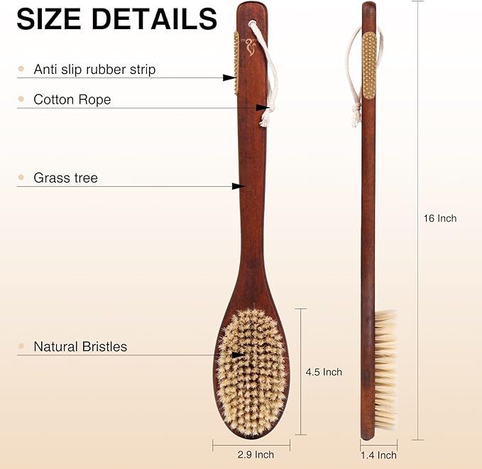 Wooden Bath Brush with Gentle Bristles Long Handle - Image 4