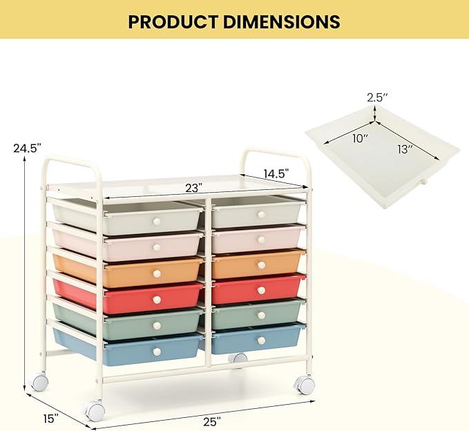 Giantex 12 Drawers Rolling Cart, Mobile Storage Drawer Cart, Classroom - Image 3