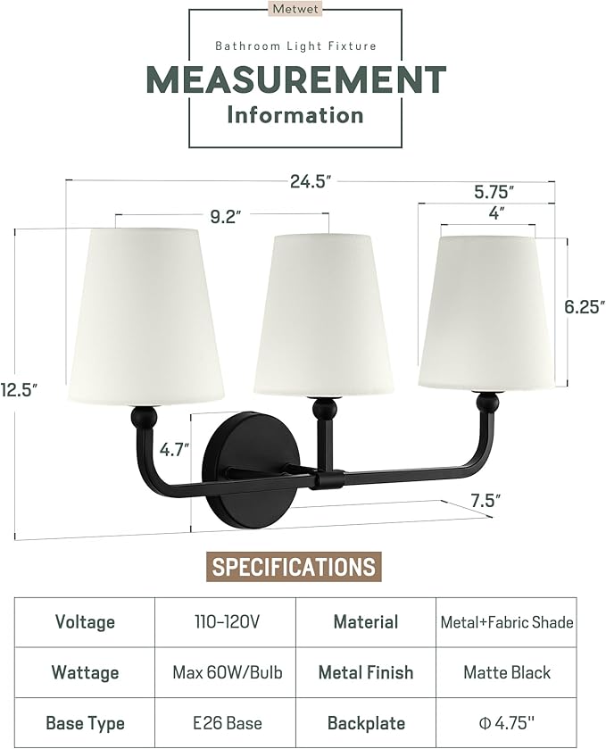 Bathroom Light Fixtures, 3-Light Matte Black Vanity Lights - Image 2