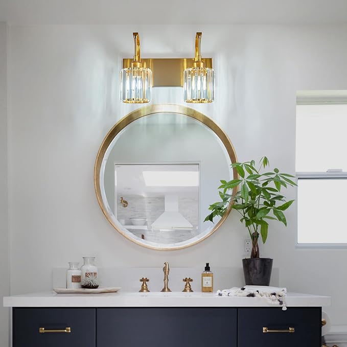 Bathroom Crystal Vanity Lights 2-Light Gold Wall Lamp Modern Crystal Bathroom - Image 3