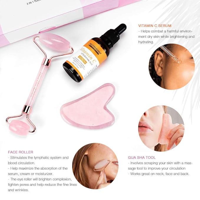 NEUTRIHERBS Jade Gua Sha & Face Roller & Vitamin C Serum Facial Tool Set - Image 3