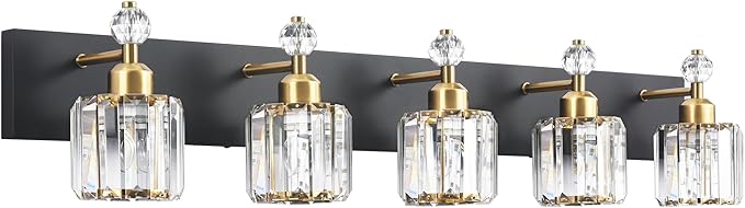 PRESDE 5-Light Crystal Bathroom Vanity Light, Modern Black and Gold Wall Sconce by HOME
