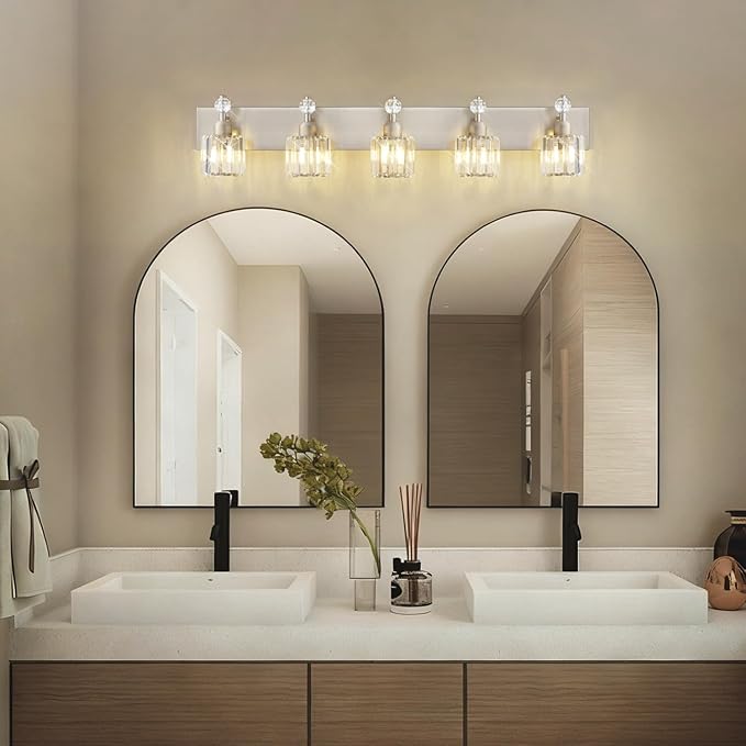 PRESDE Modern Crystal 5-Light Bathroom Light Fixtures Brushed Nickel Vanity - Image 2