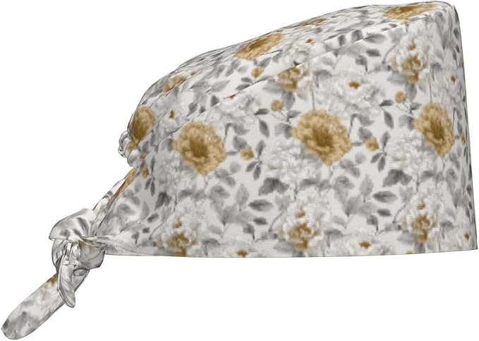 Scrub Cap for Women and Men Boho Black Leaf Pattern Adjustable Breathable by SUPLUCHOM