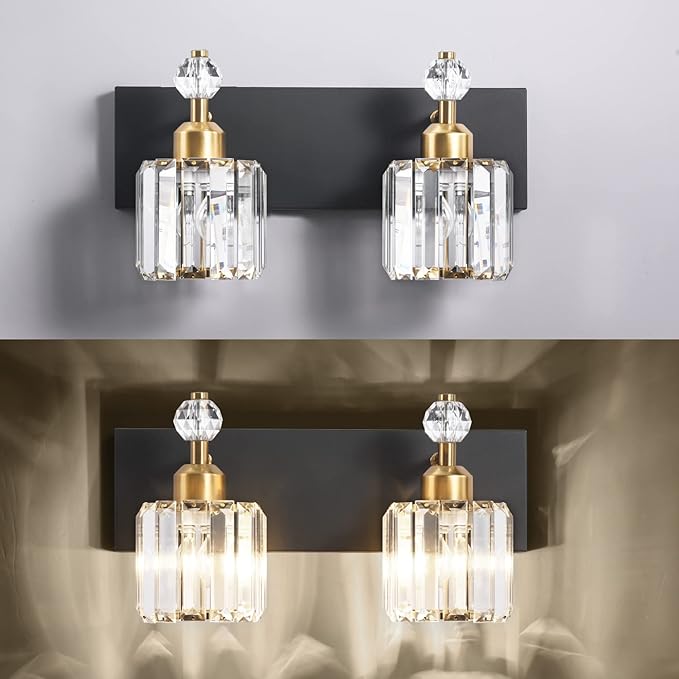 PRESDE 2-Crystal Bathroom Vanity Light Modern Black and Gold Bathroom Lights - Image 7