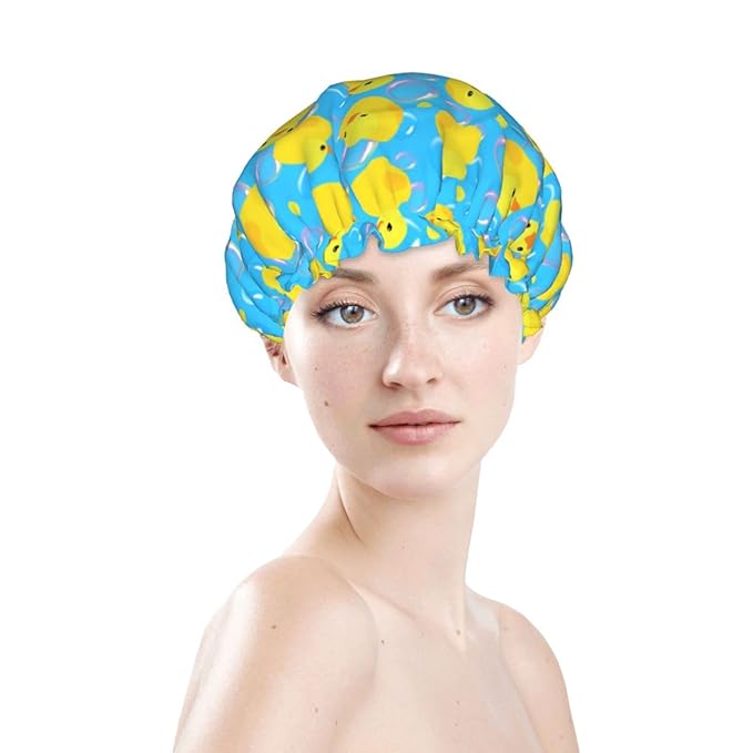 Yellow Rubber Ducks Shower Cap For Women Adjustable Double Waterproof Layers - Image 3