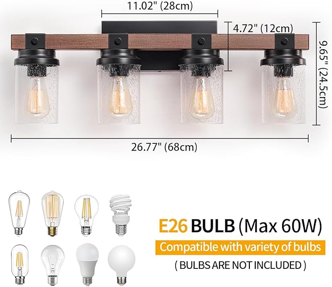 4-Lights Farmhouse Bathroom Vanity Light, Rustic Wood Bathroom Light Fixtures - Image 5