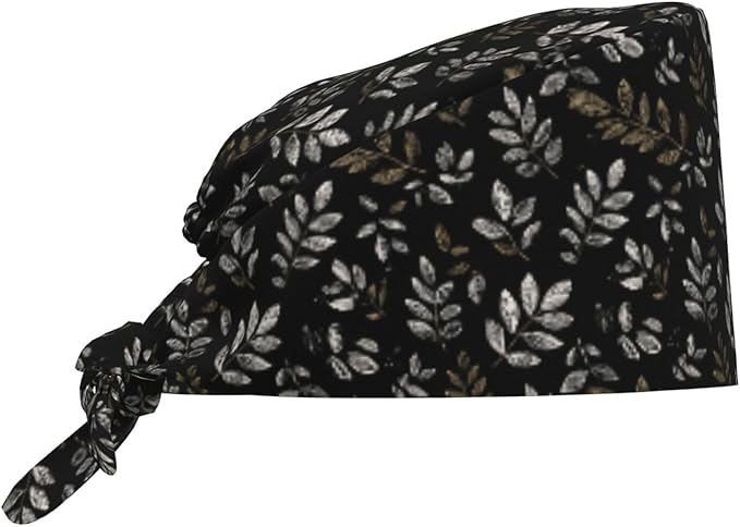 Scrub Cap for Women and Men Boho Black Leaf Pattern Adjustable Breathable by SUPLUCHOM