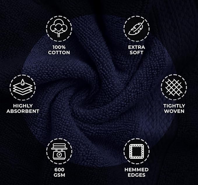 Avalon Towels Navy Blue Bath Towels Set of 4 pcs, 100% Cotton Towel Absorbent - Image 6