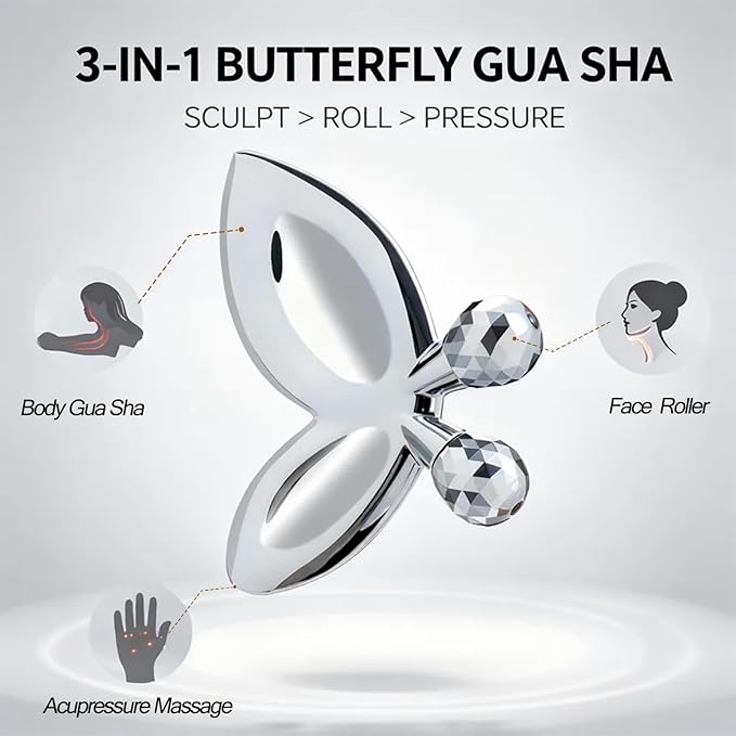 Stainless Steel Gua Sha Facial Tools, 3D Butterfly Facial Roller - Image 2
