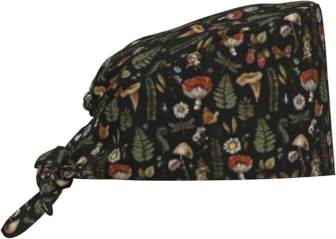 Scrub Cap for Women and Men Boho Black Leaf Pattern Adjustable Breathable by SUPLUCHOM