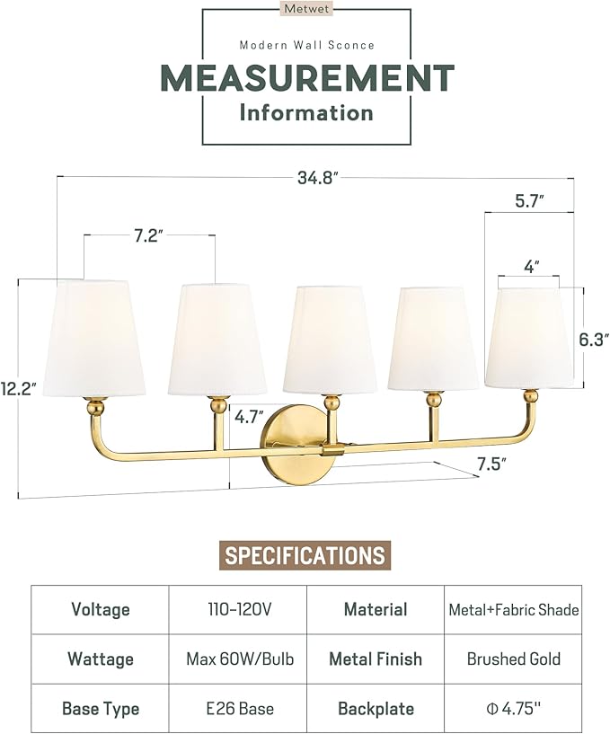 Bathroom Light Fixtures, 5 Light Brushed Gold Vanity Lights - Image 3