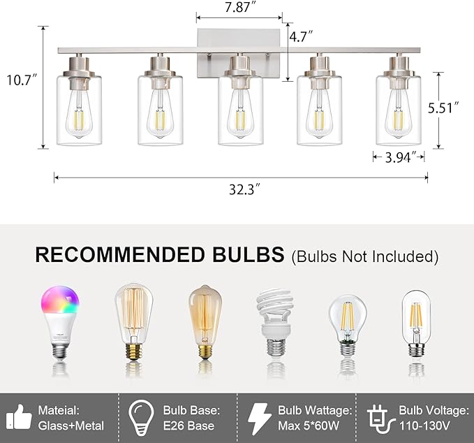 5 Light Bathroom Light Fixtures Brushed Nickel Vanity Light Over Mirror Modern - Image 3