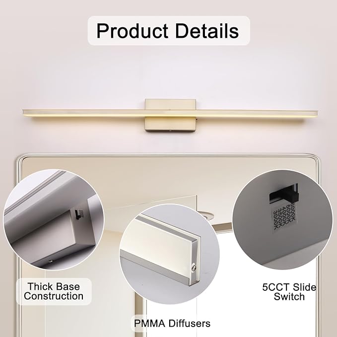 39.4 inch Brushed Nickel Bathroom Vanity Light Bar 5CCT Dimmable Bathroom Light - Image 6