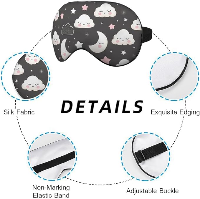Grey Night Sleep Eye Mask Eye Cover Cute Cartoon Clouds Moons White Pink Silk - Image 3