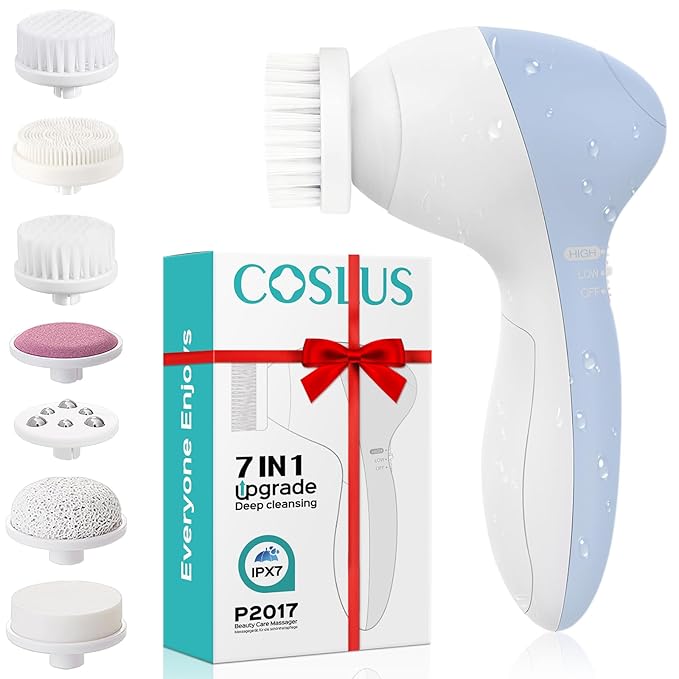 COSLUS Facial Cleansing Brush Silicone Face Scrubber: 7 in 1 FBS-D Electric by COSLUS